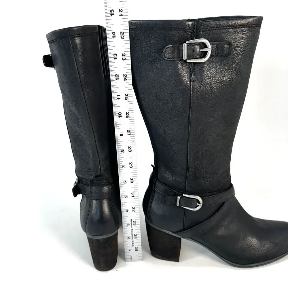 Josef Seibel Black Leather Tall Riding Boots Buckles Sz. 40 EU 9-9.5 US Side Zip